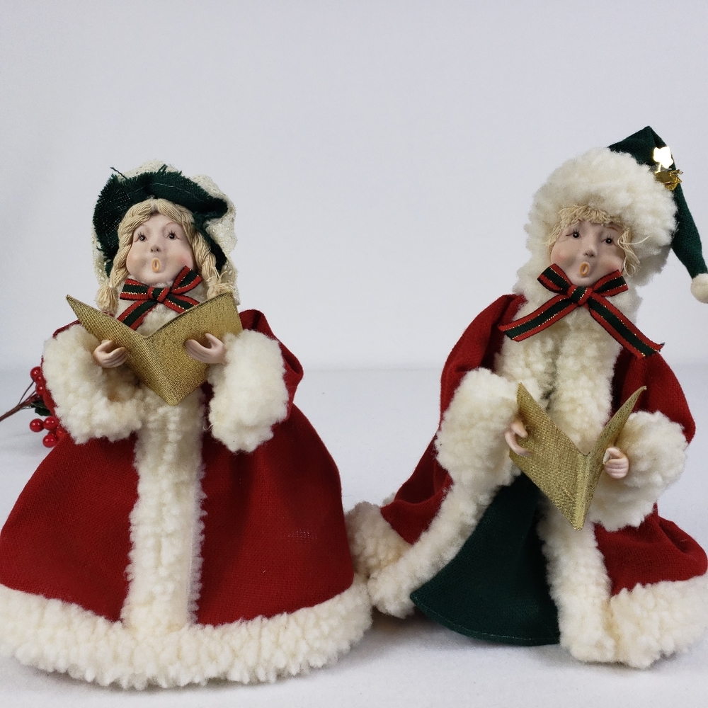 Christmas Carolers 2 Mantle Figurines Bisque Face Hands Tree Topper Vintage 10"